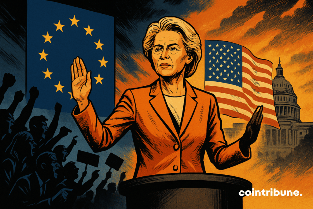 Ursula von der Leyen, President of the European Commission, stands on an elevated circular podium, wearing a formal orange suit with slightly golden reflections. One of her hands is raised, palm open and facing forward, in a gesture of appeasement or dialogue. She is slightly turned to the right (toward the United States), visually expressing her attempt at rapprochement.