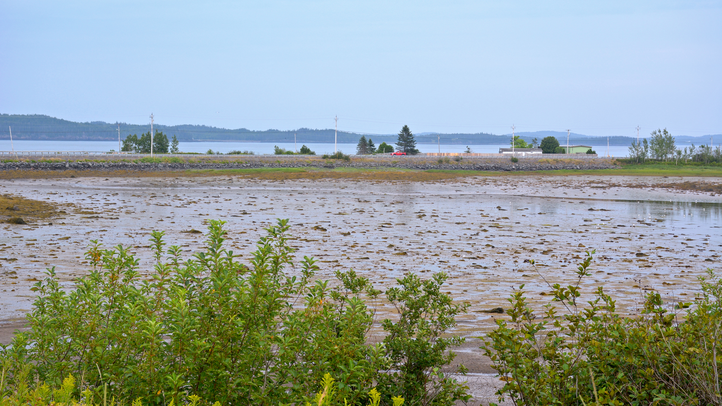 The man-made causeway that connects the Sipayik peninsula with the island of Eastport is vulnerable to flooding, and that risk is only increasing as sea levels rise. Credit: Sydney Cromwell/Inside Climate News