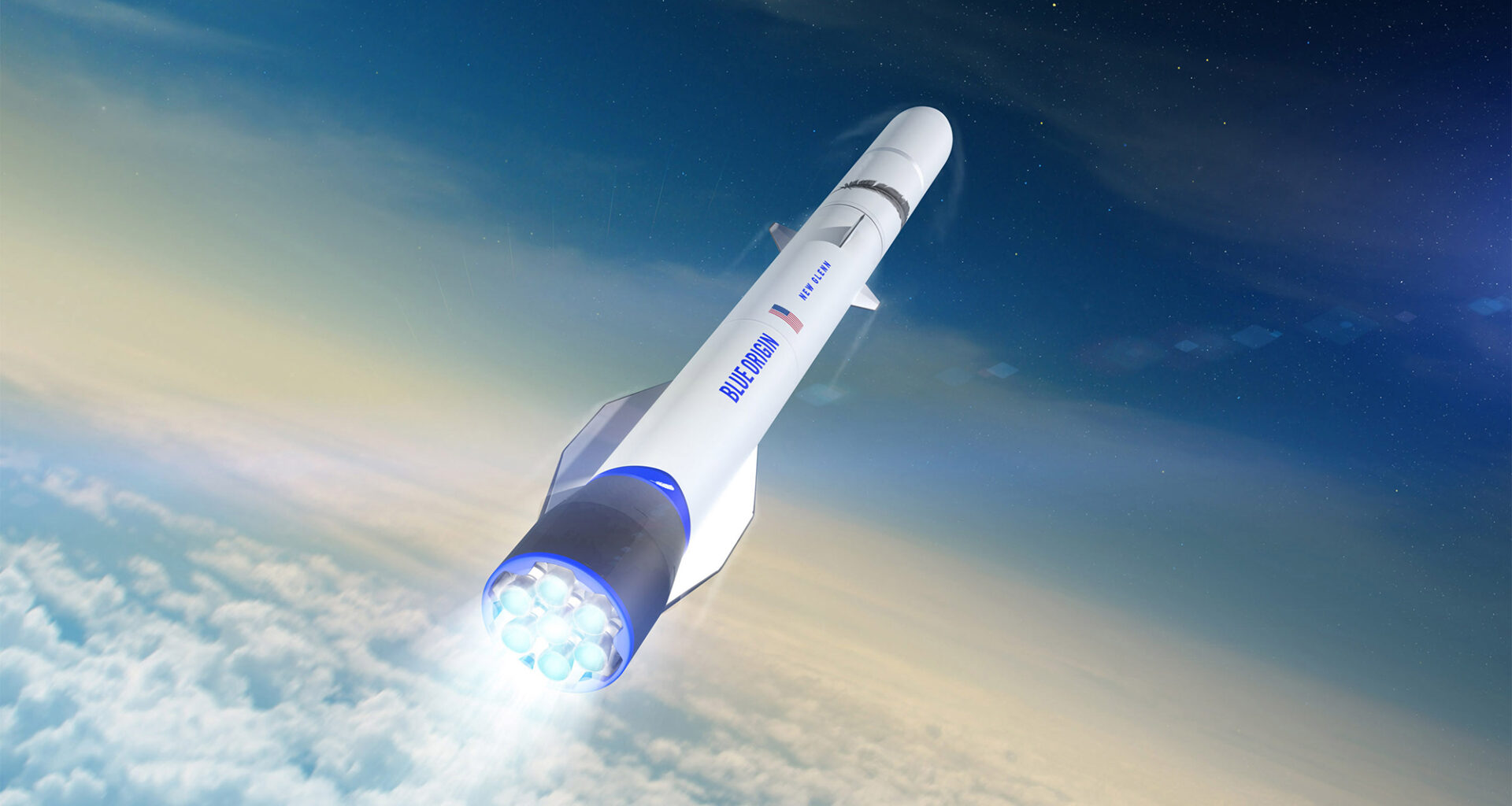 A white rocket above the clouds, moving toward space. On the side of the rocket is an American flag and the words "Blue Origin."