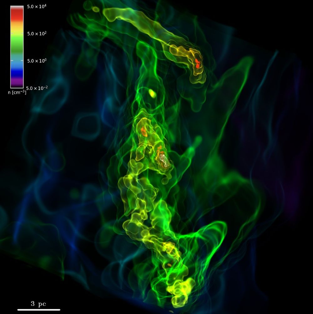 This image is from a ground-breaking simulation of the Universe's primordial gas clouds. The Universe's very first stars formed in these clouds. The colour scale shows gas density. At this stage, one of the clumps has surpassed the Jeans instability threshold and begun to collapse into a Population III star with a mass of approximately 8.07 solar masses. Image Credit: Chen et al. 2025. ApJL