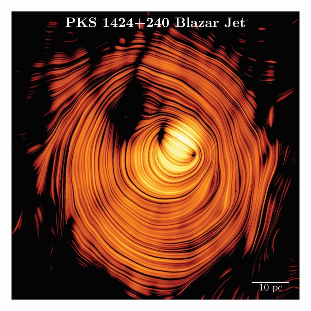 The plasma jet in this distant blazar is threaded by a nearly perfect toroidal magnetic field. High-energy gamma rays and neutrinos are strongly beamed toward Earth, even though the jet appears slow-moving from our perspective. Image Credit: Y.Y. Kovalev et al. 2025 A&amp;A