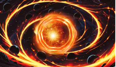 An illustration of primordial black holes gathering matter to form the first generation of stars