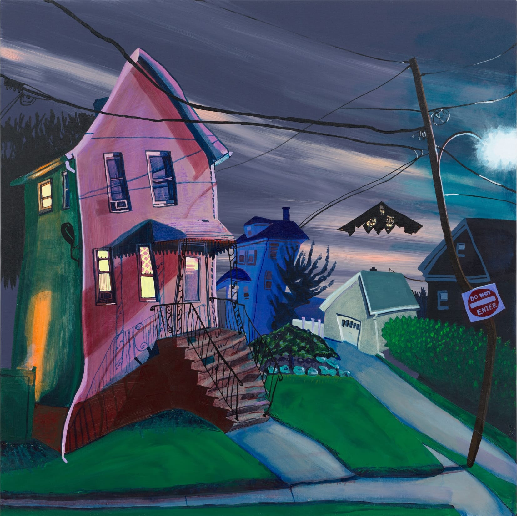 a square-format painting by Gabrielle Garland of a slightly wonky house with a large stoop, at night