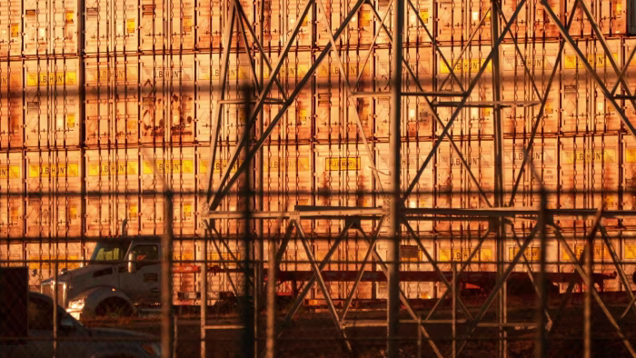 Shipping containers stacked at the Port of Long Beach, California
