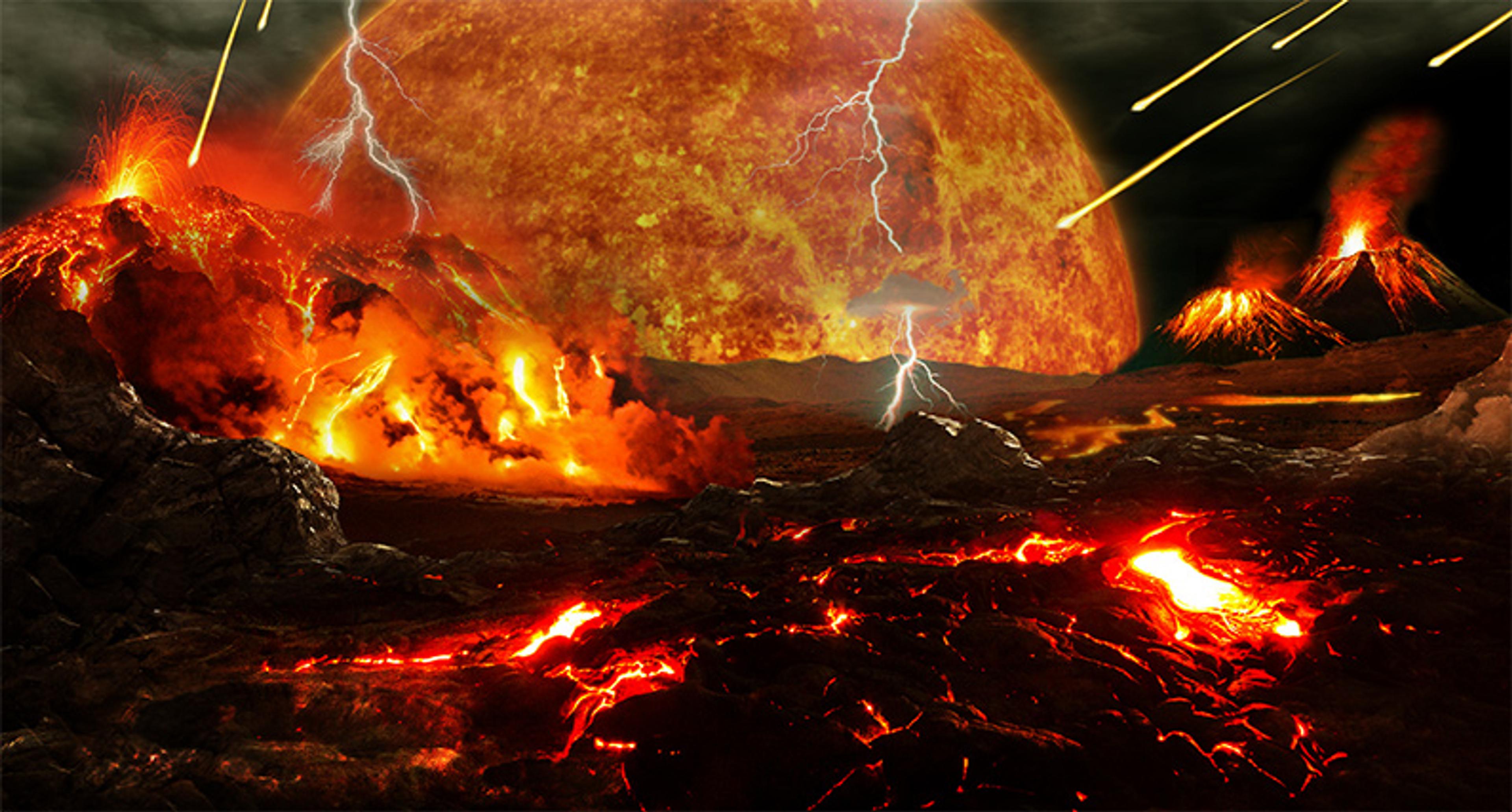 Digital artwork of a fiery volcanic landscape featuring erupting volcanoes, molten lava, lightning and meteors with a giant sun in the background.