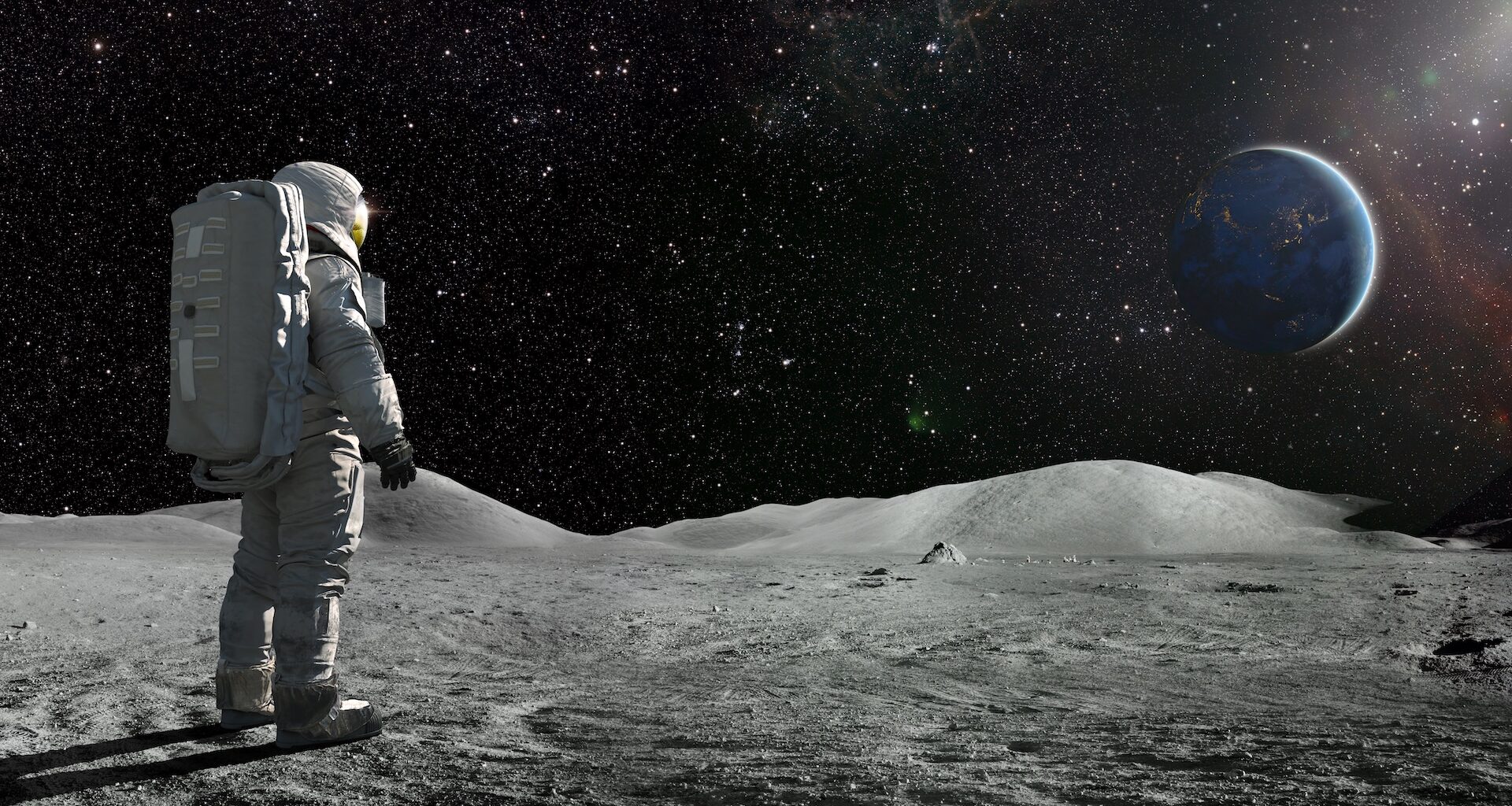 an illustration of an astronaut standing on the surface of the moon looking at Earth