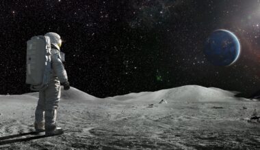 an illustration of an astronaut standing on the surface of the moon looking at Earth