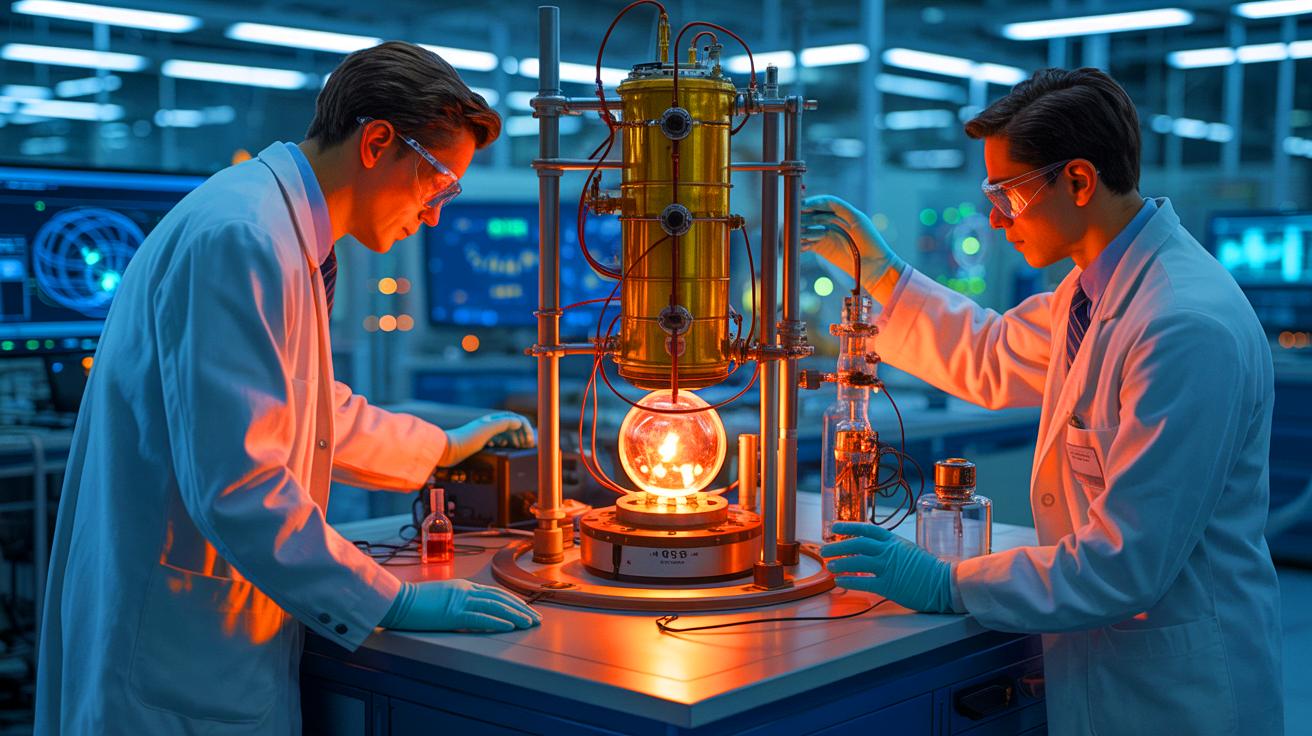 Illustration of scientists at Los Alamos National Laboratory recreating a historic 1938 fusion experiment.