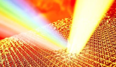An illustration of a pulse of rainbow light reflecting off a network of gold atoms