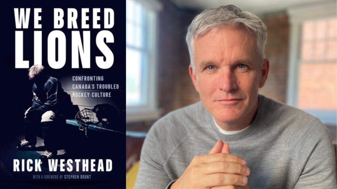 A photo composite that shows a book cover of a hockey player sitting in the shadows and on the right is a man with white short hair. 
