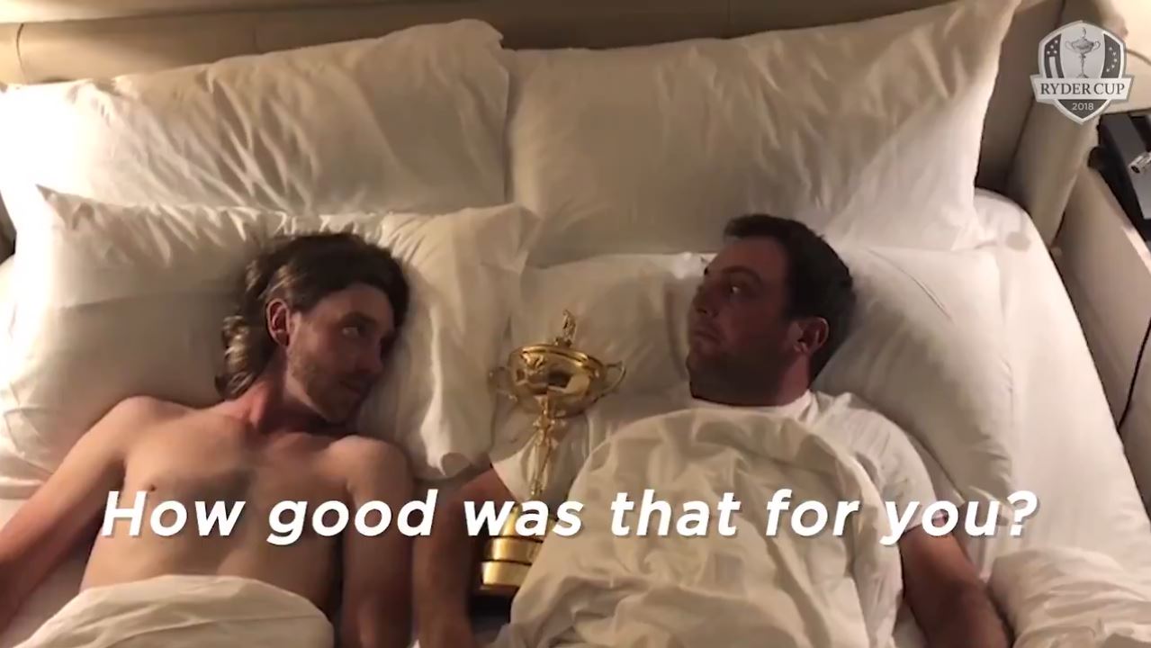 Tommy Fleetwood and Francesco Molinari in bed with the Ryder Cup trophy.