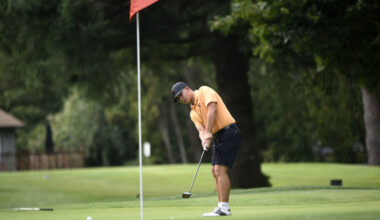 Washougal golfer Noah Migaki putts on the No. 2 green at Orchard Hills Golf and Country Club in Washougal during a high school match on Monday, Sept. 8, 2025.