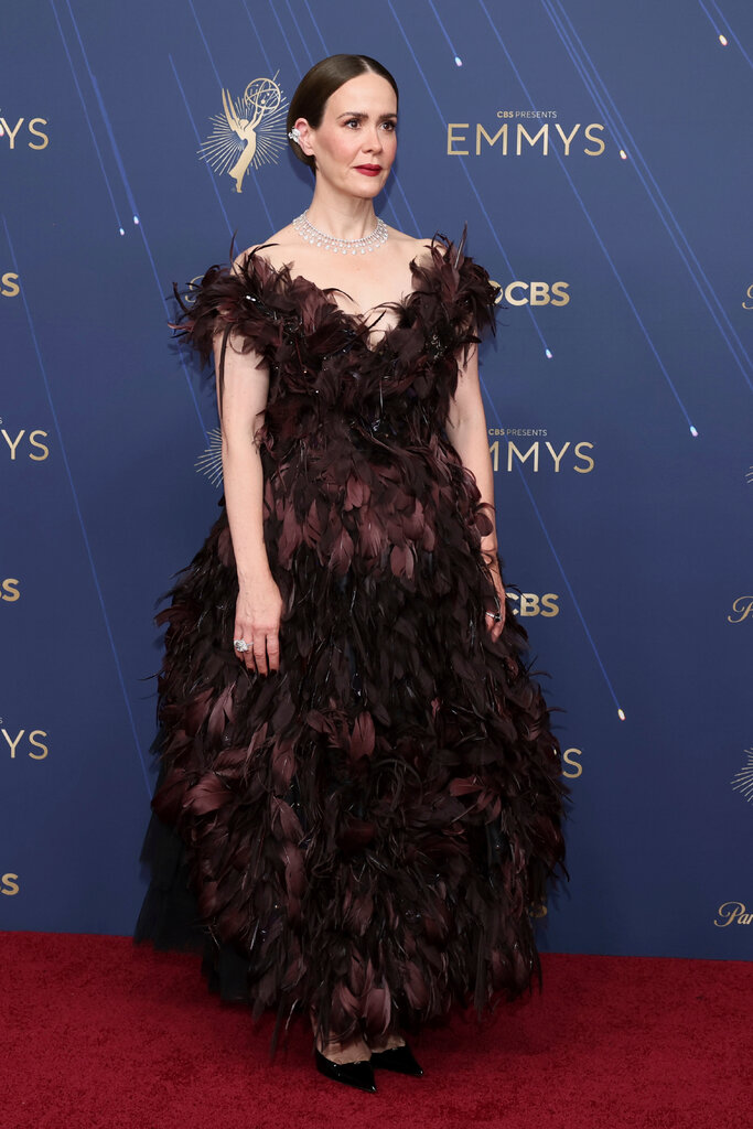 A woman wears a dark feathered gown.