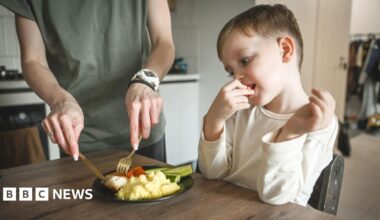 A young child with brown hair and a white top, eating a tomato, with a woman wearing a green top cutting up a plate of food in front of him.