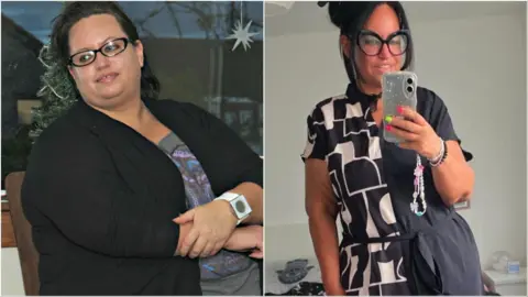 Laura Hughes @thenewlauraproject Two photos of a woman with long black hair, tied up, and black glasses. In the photo on the left she is wearing a patterned top and a black cardigan and is looking away from the camera and smiling. In the photo on the right she is wearing a patterned black and white top and is smiling as she takes a selfie in the mirror with her phone