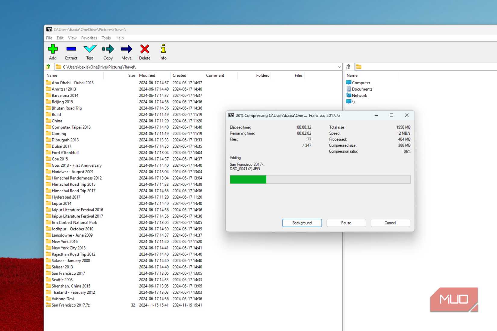 A folder being compressed using 7-Zip file archiver