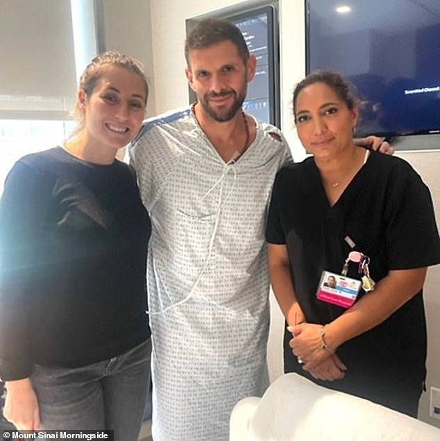 Matias Escobar, pictured here in the middle, nearly died while competing in the New York City Triathlon in 2023 at age 38