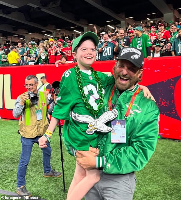 Cooper is a huge Eagles fan and introduced his team with young fan Declan LeBaron at the Super Bowl