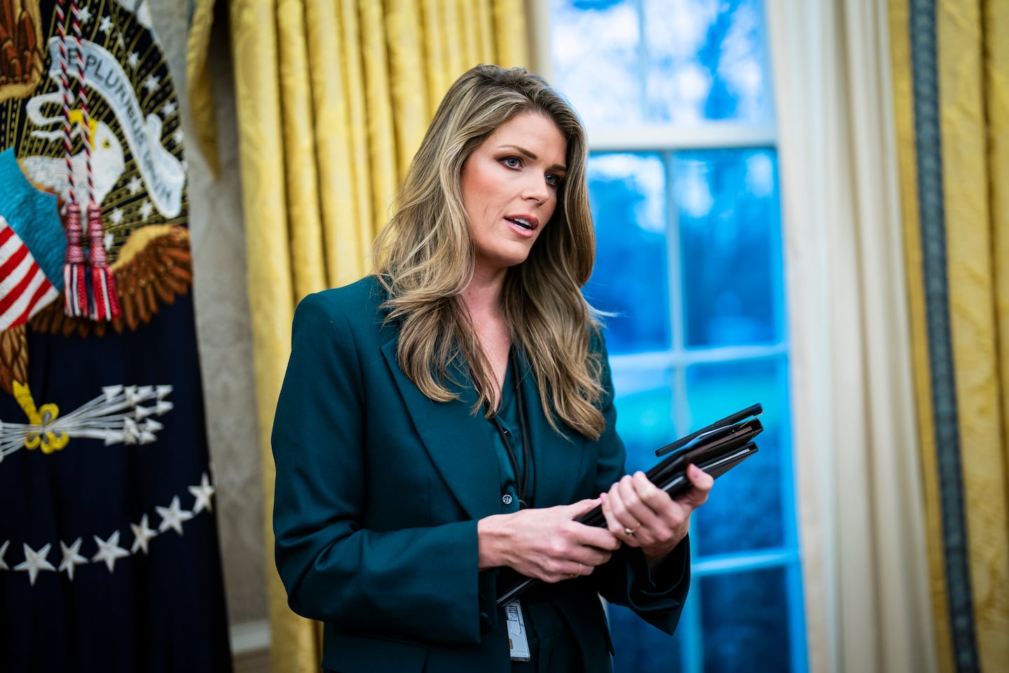 Lindsey Halligan, shown at the White House this year, was named interim US attorney for the Eastern District of Virginia on Monday.