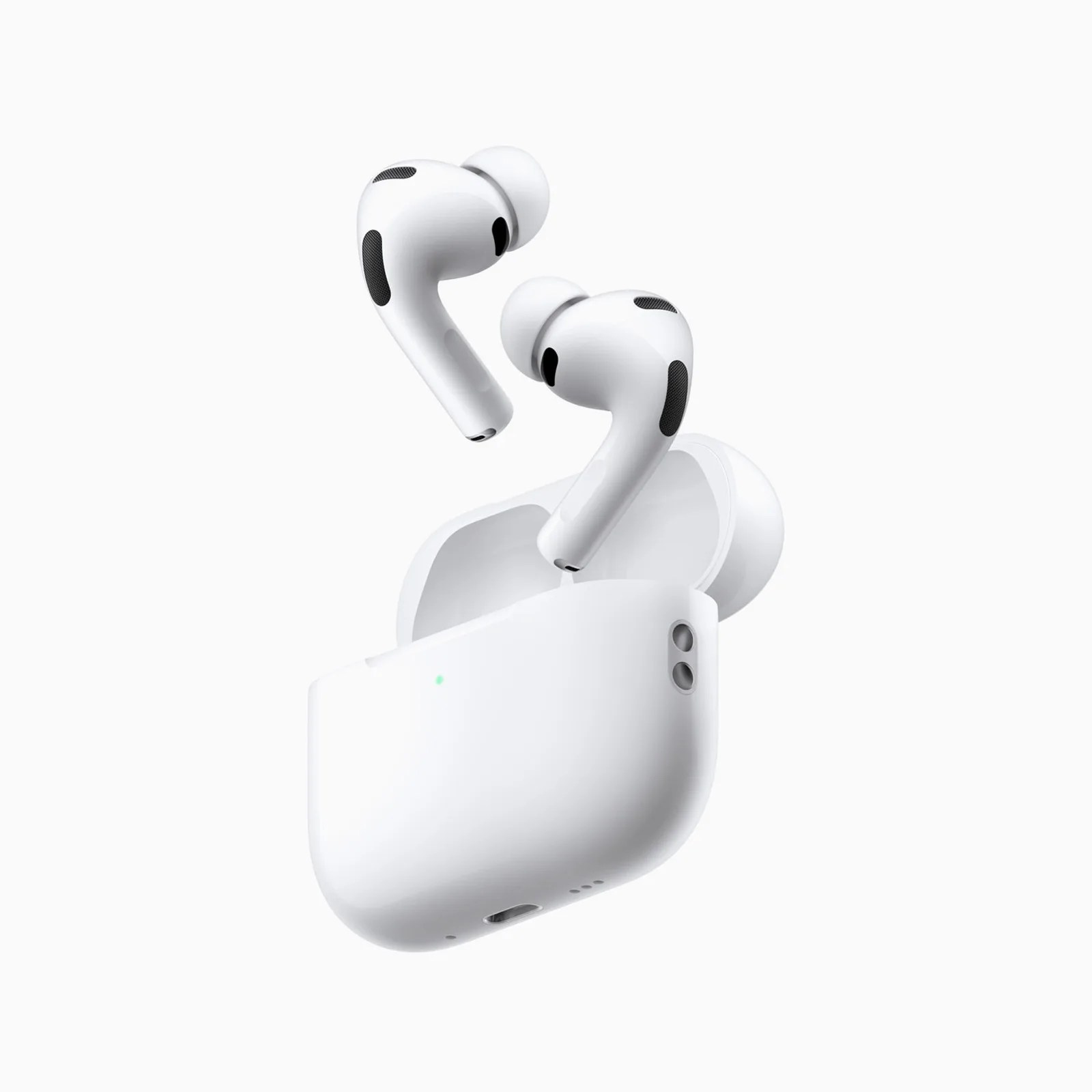 White wireless earbuds with black speaker grills, shown with an open white charging case. The earbuds have a sleek, curved design with silicone ear tips. The charging case features a small LED indicator light on the front.