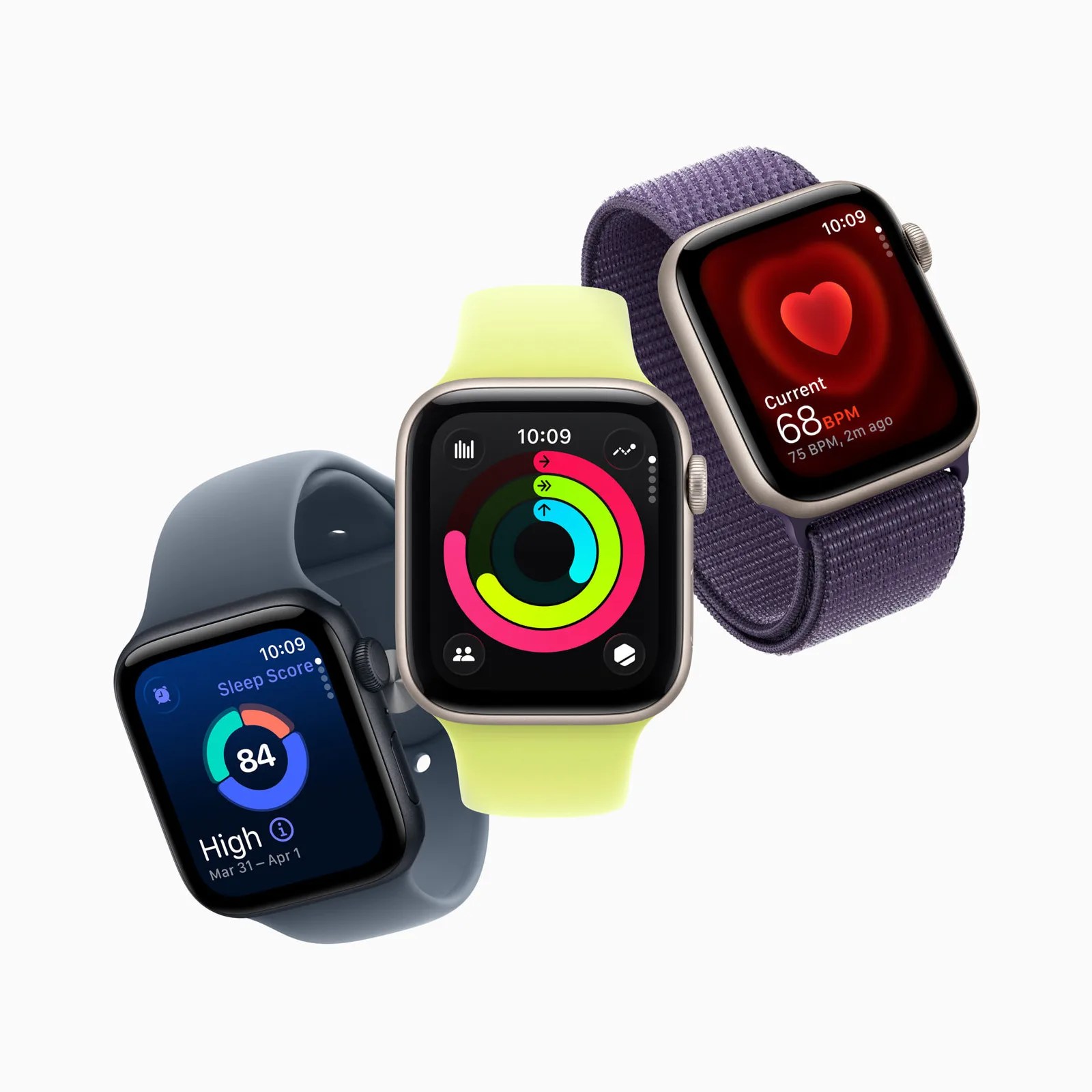 Three smartwatches with different colored bands and displays: one with a blue band showing a sleep score of 84, one with a yellow-green band displaying activity rings, and one with a purple band showing a heart rate of 68 BPM.