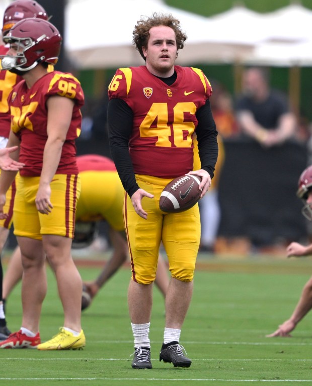 Kicker Denis Lynch #46 of USC Trojans during USC spring football game at the Los Angeles Memorial Coliseum in Los Angeles on Saturday, April 20, 2024. (Photo by Keith Birmingham, Pasadena Star-News/ SCNG)