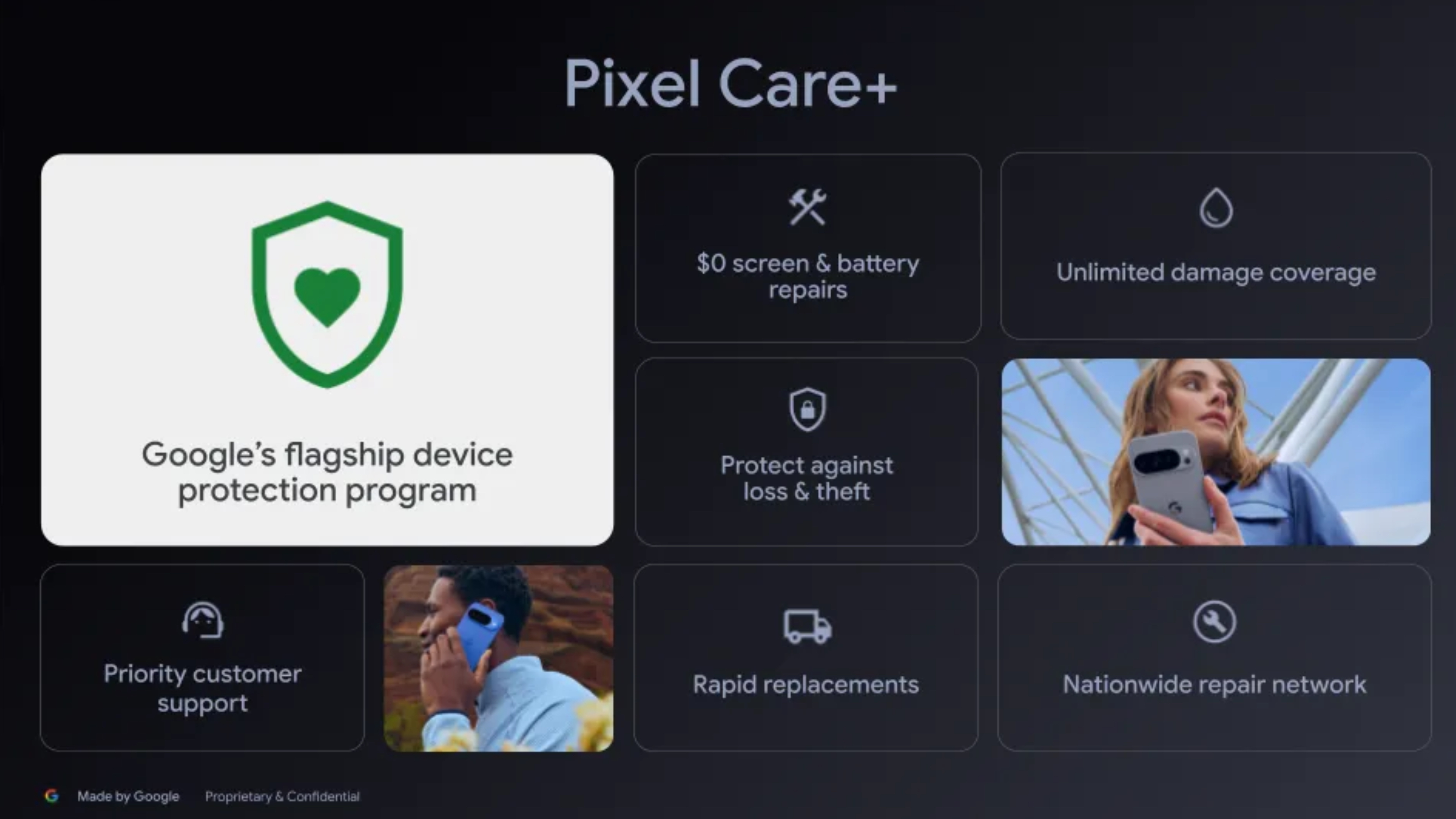 The promotional images for Google's new Pixel Care Plus protection plan.