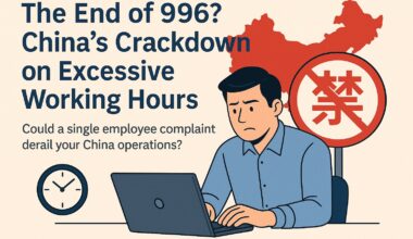 An illustration of a concerned office worker at a laptop, with a prohibition sign and a map of China in the background, highlighting China's crackdown on excessive working hours.