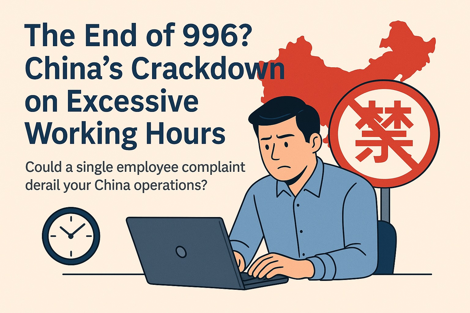 An illustration of a concerned office worker at a laptop, with a prohibition sign and a map of China in the background, highlighting China's crackdown on excessive working hours.