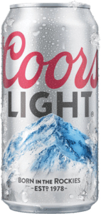 Coors Light beer can with cold-activated blue mountains and water droplets, highlighting its refreshing coldness