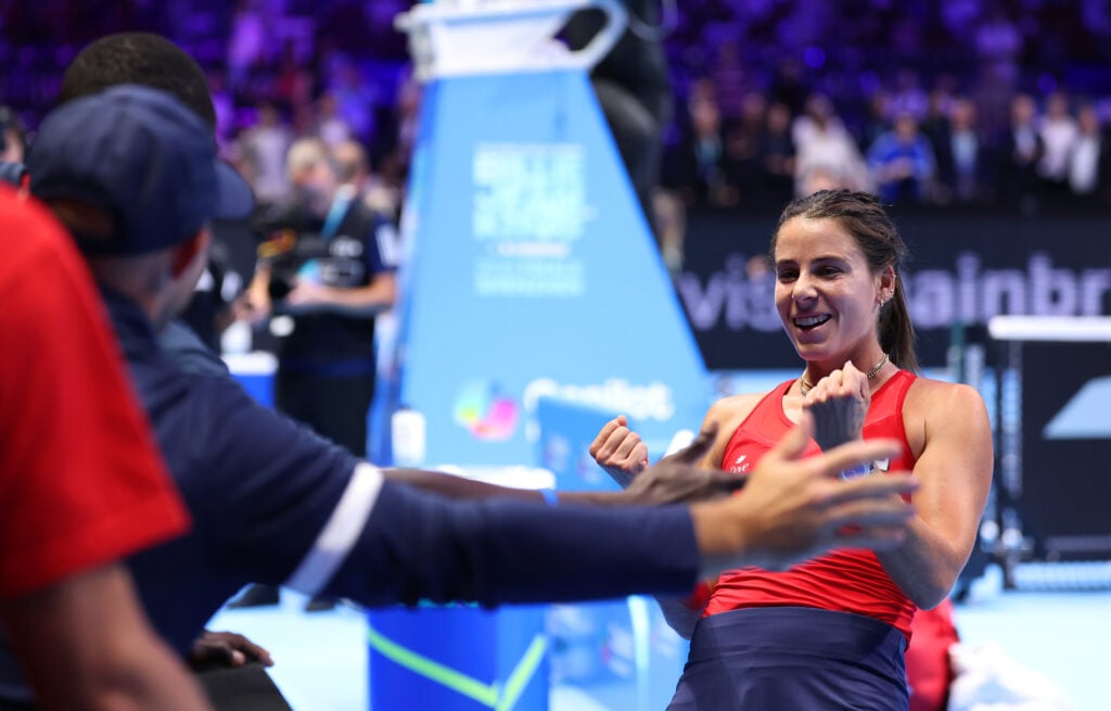 Emma Navarro of United States celebrates towards her team after winning match 1 against Yulia Putintseva of Kazakhstan in the Billie Jean King Cup by Gainbridge Finals 2025, Quarter-Final match between Kazakhstan and USA at Shenzhen Bay Sports Centre Arena.