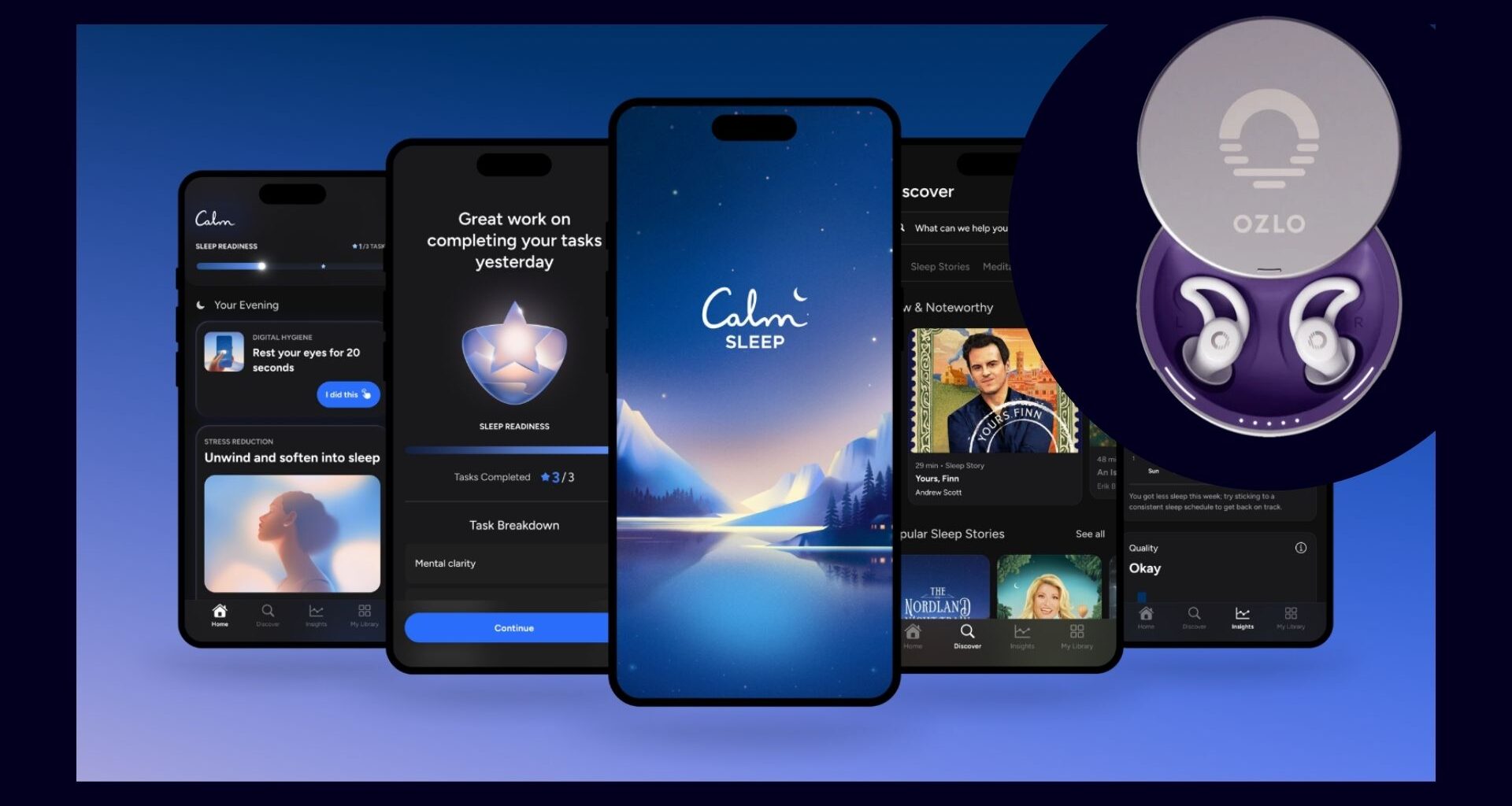 A graphic of five iPhone screens showing the Calm Sleep app overlaid by Ozlo sleep earbuds