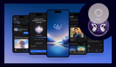 A graphic of five iPhone screens showing the Calm Sleep app overlaid by Ozlo sleep earbuds