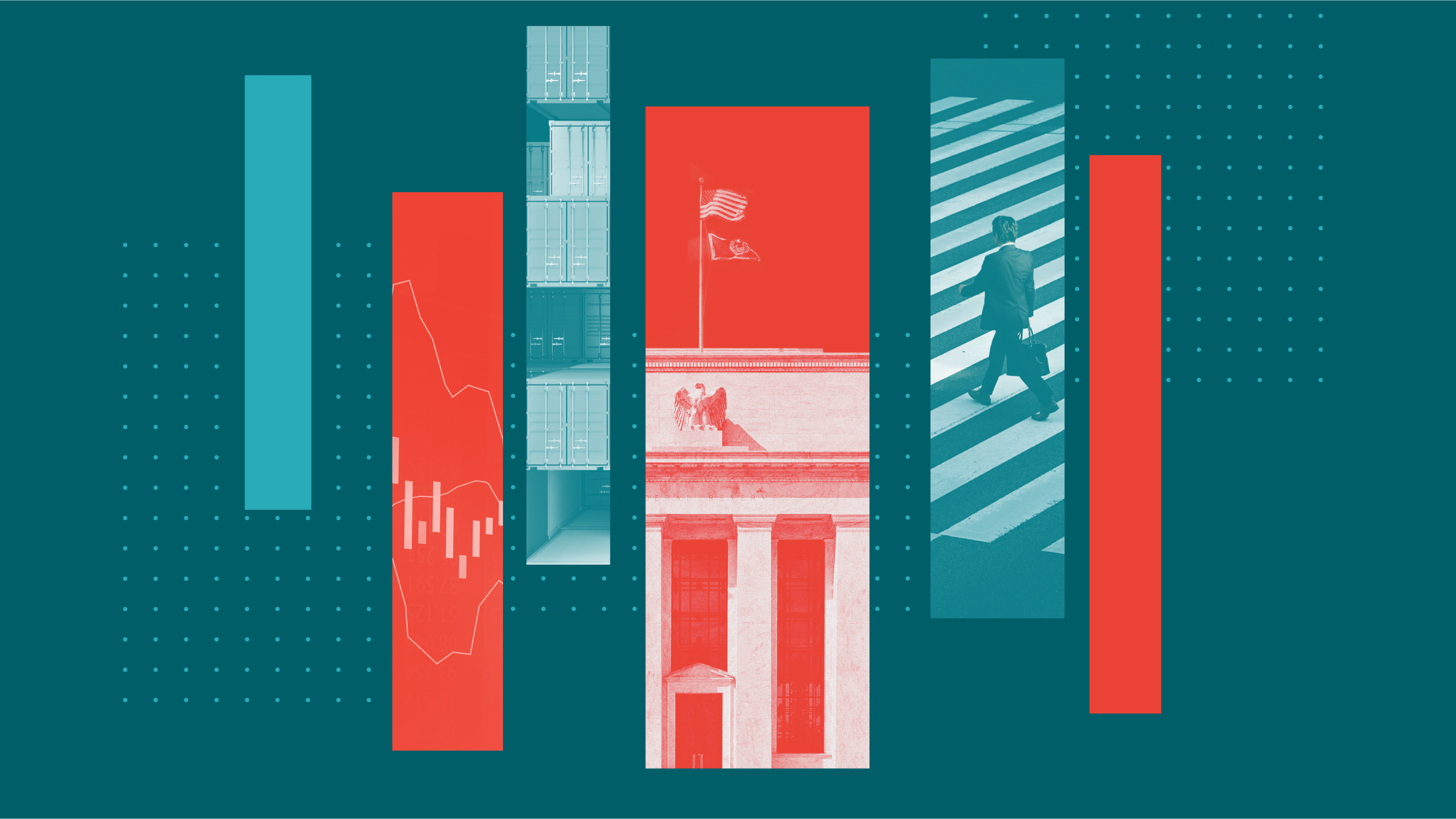 Collage illustration with images of the Federal Reserve, a stock graph, stacked cargo, and a man at a crosswalk.