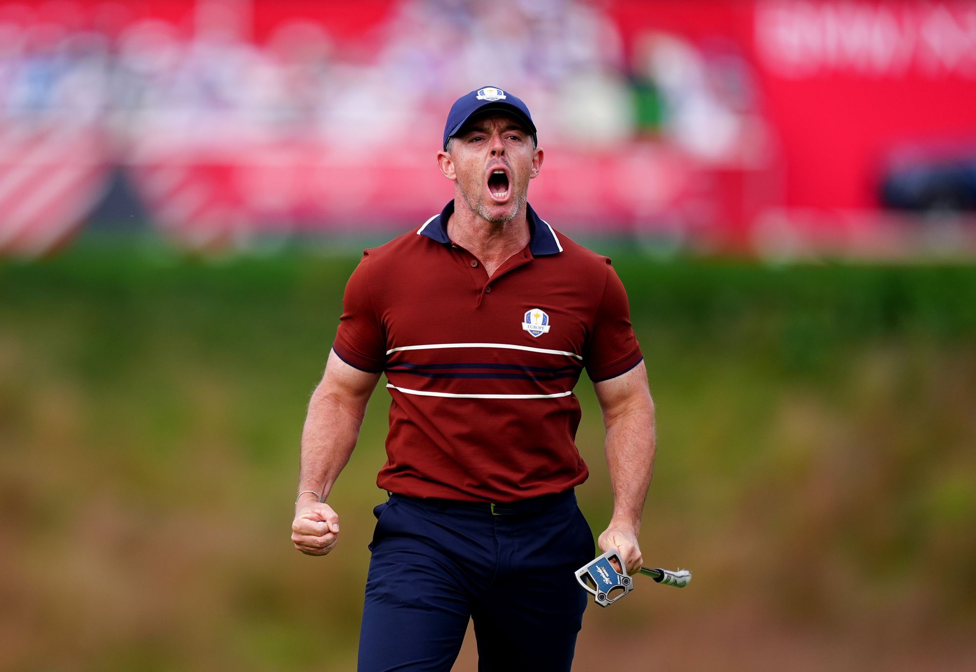 Rory McIlroy roars during Saturday's raucous fourballs
