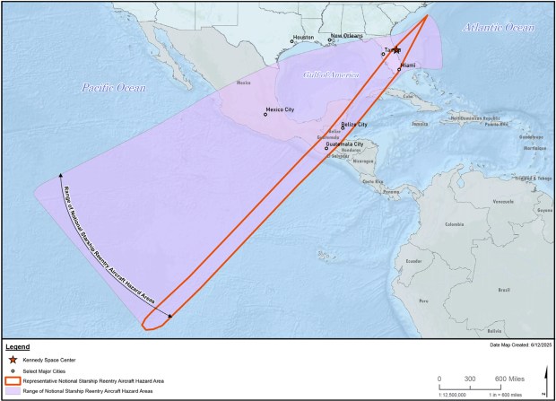 This map shows the potential airspace closures in purple that could be needed for return landings of the Starship upper stage to the two Space Coast launch sites. (FAA)