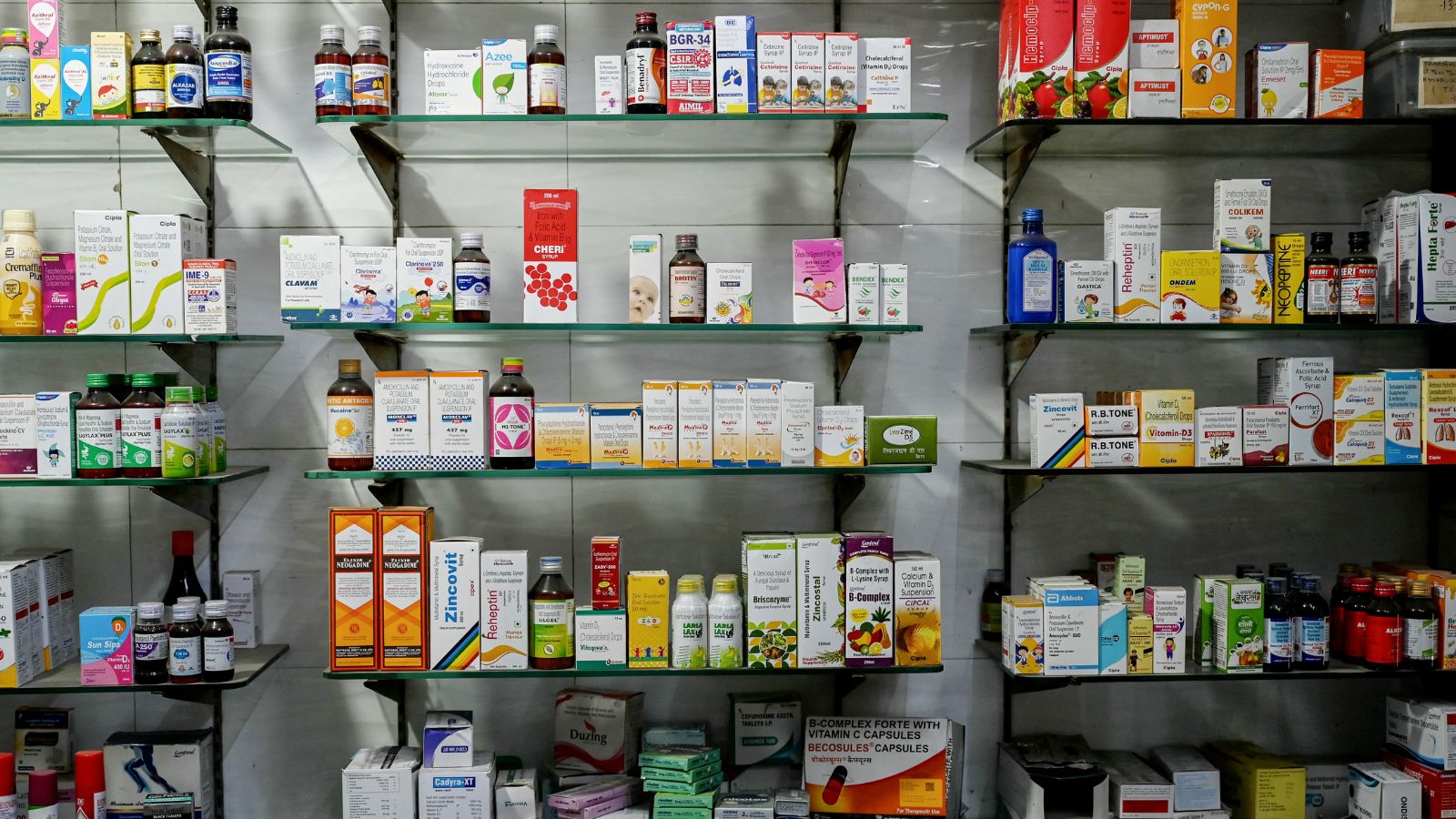 A general view shows medicines kept on display inside a pharmacy in New Delhi