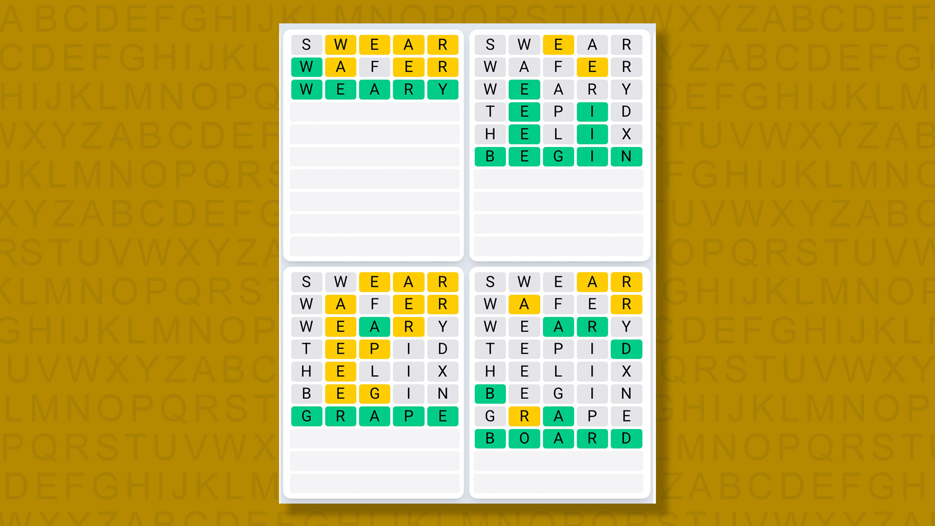 Quordle Daily Sequence answers for game 1343 on a yellow background