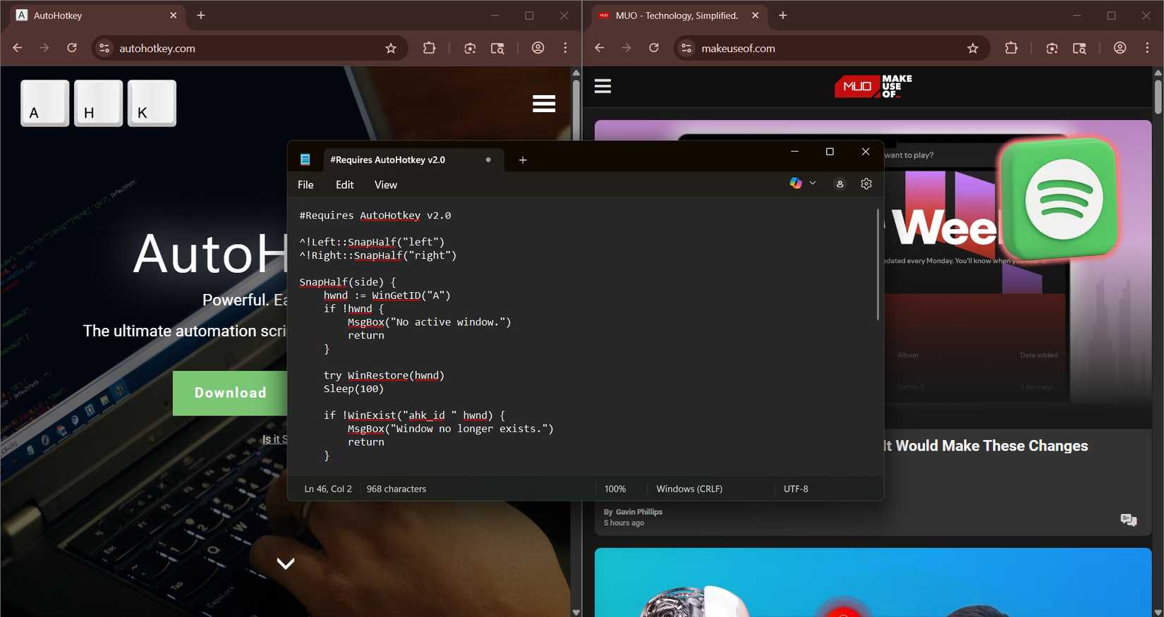 A screenshot of an AHK script successfully snapping two windows to the right and left of a screen