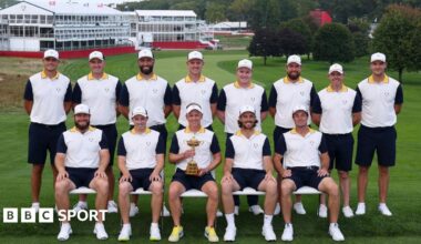 The Europe Ryder Cup team of Ludvig Aberg, Rasmus Hojgaard, Jon Rahm, Justin Rose, Robert MacIntyre, Shane Lowry, Rory McIlroy, Sepp Straka, Tyrrell Hatton, Matt Fitzpatrick, Tommy Fleetwood and Viktor Hovland pictured with captain Luke Donald holding the Ryder Cup trophy at Bethpage Black