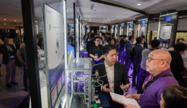 Exhibition booths at the official opening of the NUS i3 building at NUS on Sep 16, 2025.