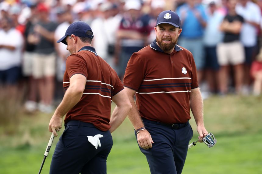 Team Europe's Shane Lowry and Rory McIlroy heard it from the Bethpage galleries throughout the day. (Photo by Jared C. Tilton/Getty Images)