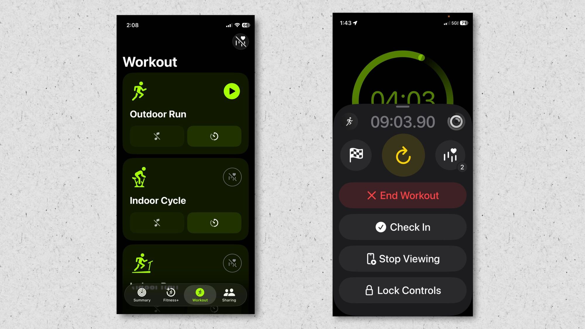 Workout selection screen and in-workout screen