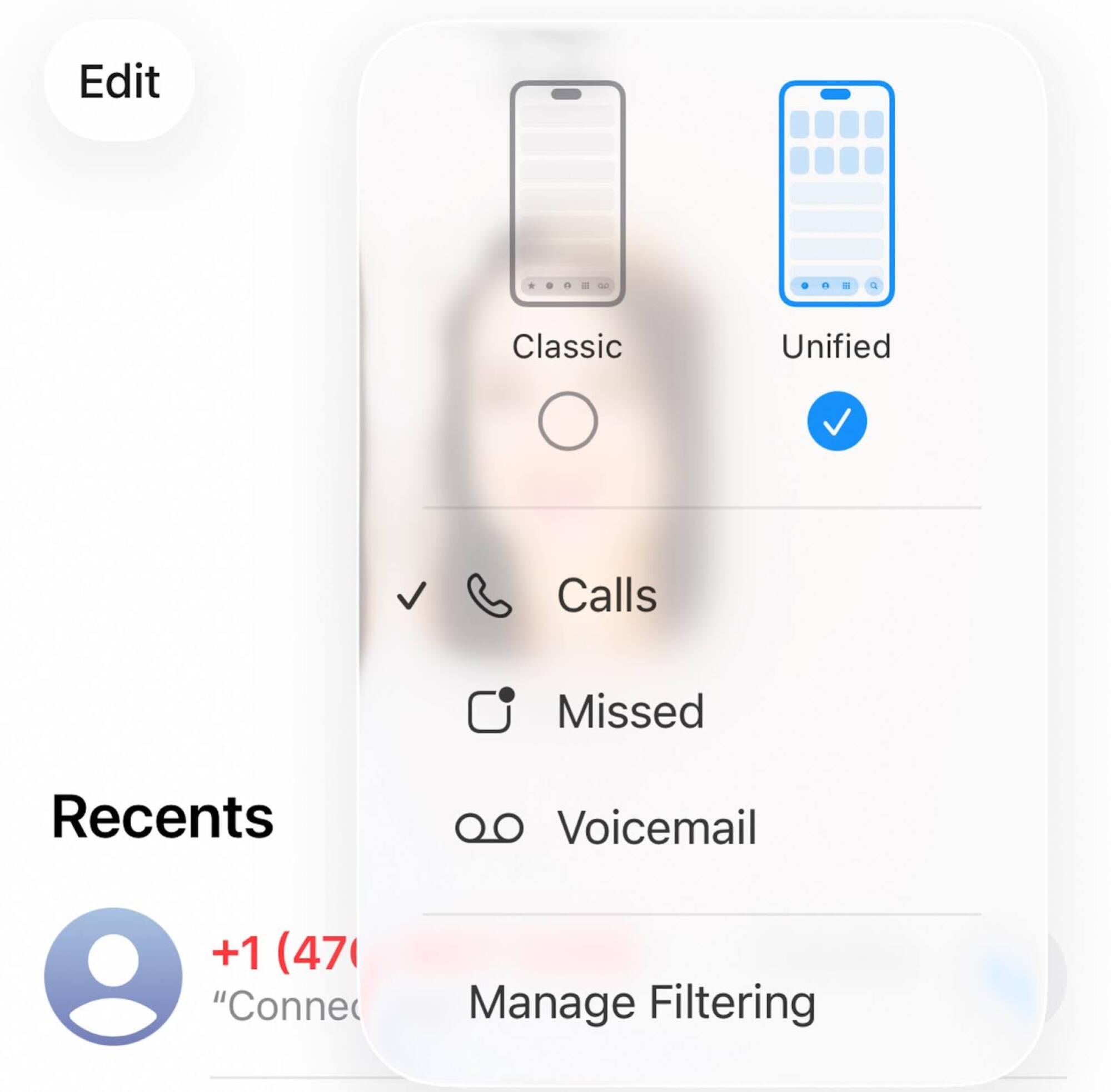 A screenshot of the unified app option in iOS 26 settings