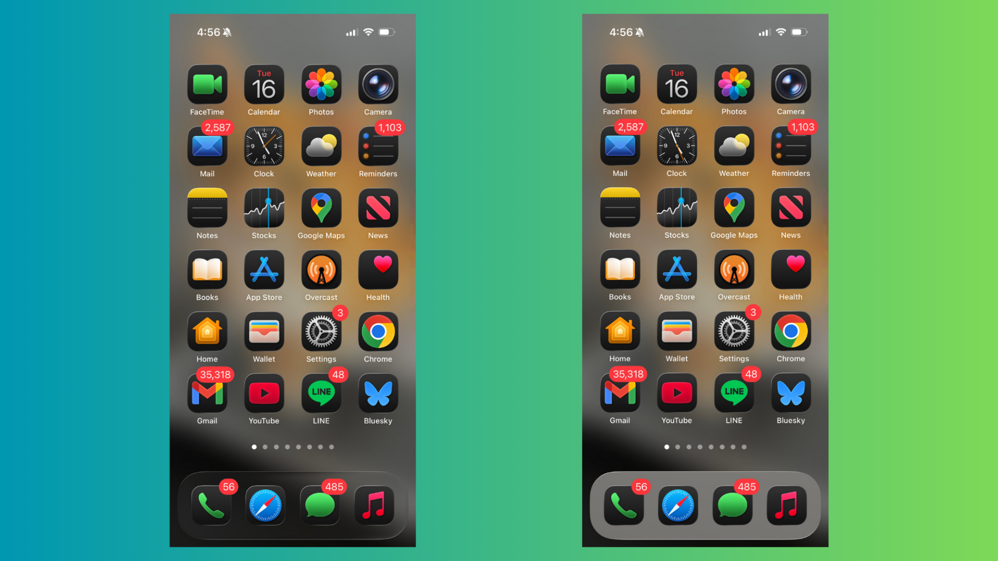 iPhone Home Screen with Dark Mode app icons and Reduce Transparency off (left) vs. on (right)