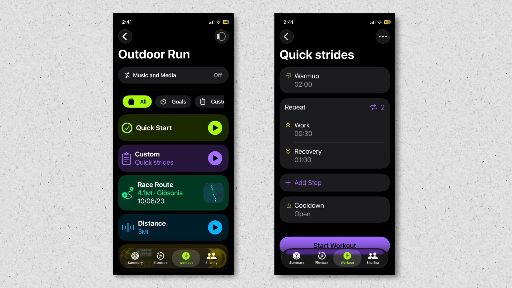 Workout creation screens