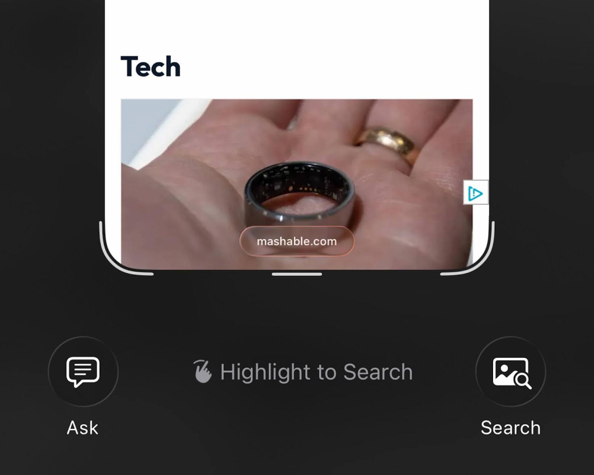 A screenshot of iOS 26's visual intelligence, displaying options to "ask" and "Search" based on a scan of an image.