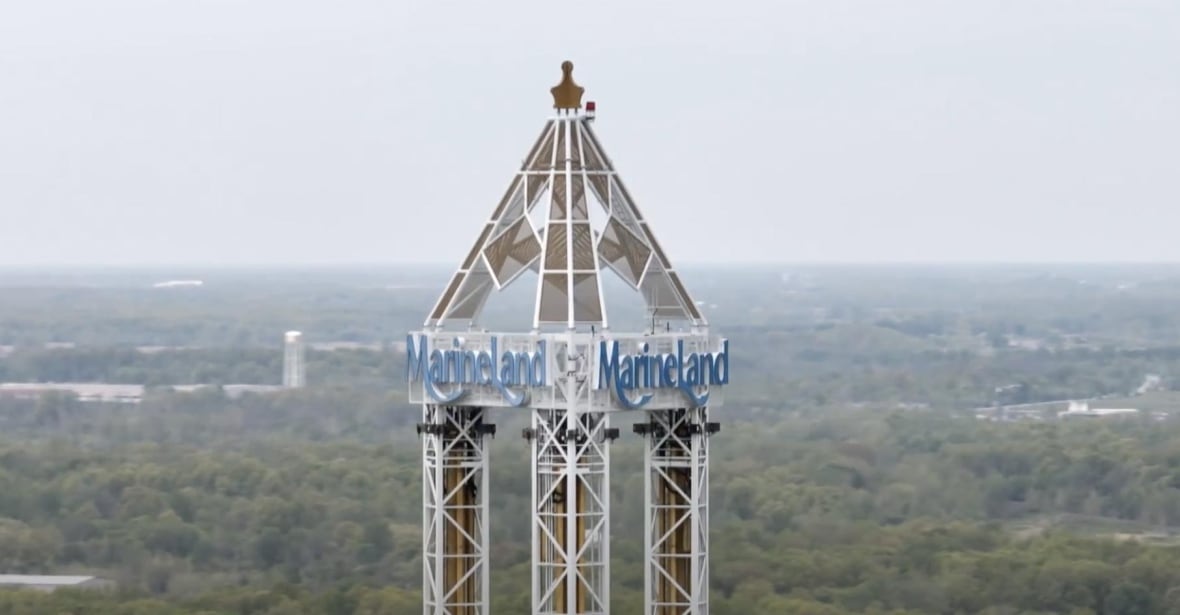 A photo of the tower at Marineland and the sign baring the parks name.