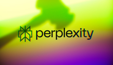 Perplexity logo on a green background with a judge's gavel above it