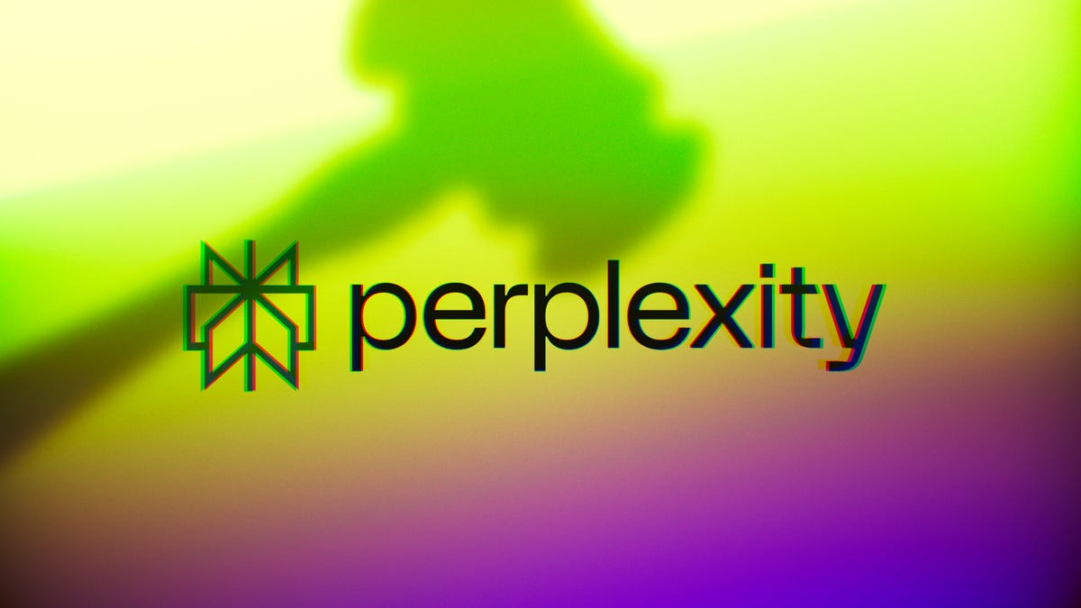 Perplexity logo on a green background with a judge's gavel above it